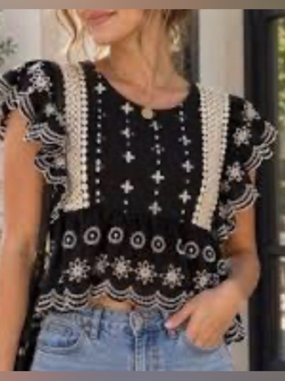 Black Embroidered Flutter Sleeve Crop Top with Scalloped Hem